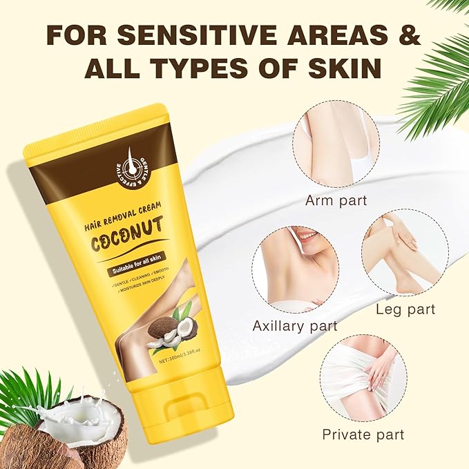Hair Removal Cream, Legs Hair Removal Creams for Women, Coconut Depilatory Cream for Intimate Areas and Pubic Area, Painless Flawless Depilatory Sensitive Formula Suitable for All Skin Types
