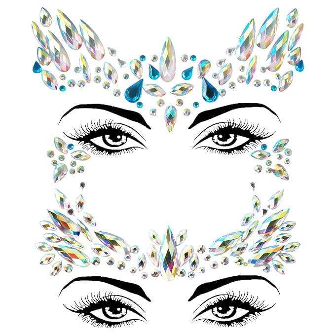 Mermaid Face Gems Stickers Rhinestone Colorful Glitter Gems Temporary Face Tattoo Stickers for Women Girl Halloween Cosplay Christmas Music Carnival Party Makeup (2 Pack)