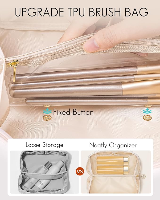 Vlando Makeup Bag,Large Capacity Toiletry Bag for Women Waterproof Portable Make up Pouch PU Leather Open Flat Cosmetic Bag(Cream White)