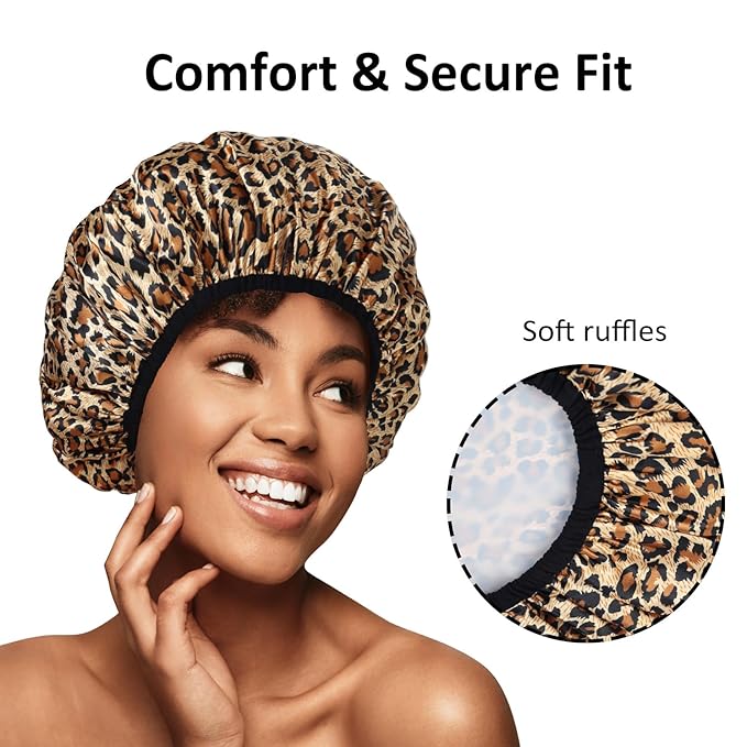 2-Pack Reusable Waterproof Shower Caps for Women, Double-Layer Elastic Bath hat,Extra Large Hair Cap for Long Curly Hair（Leopard）