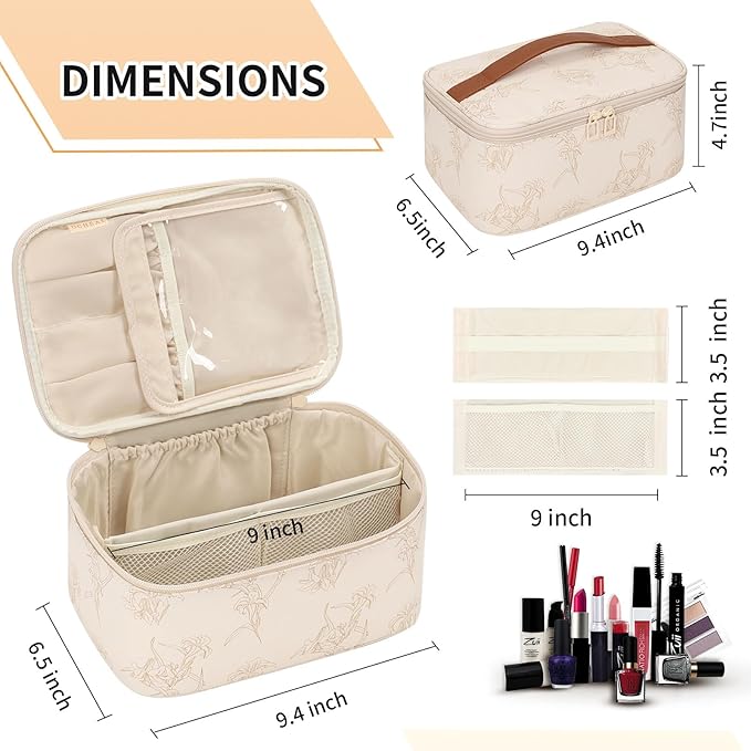OCHEAL Makeup Bag for Women - Travel Cosmetic Organizer with Brush Slot & Divider, Large Capacity Toiletry Bag for Girls, Travel Makeup Case for everyday Make up Accessories -Beige floral