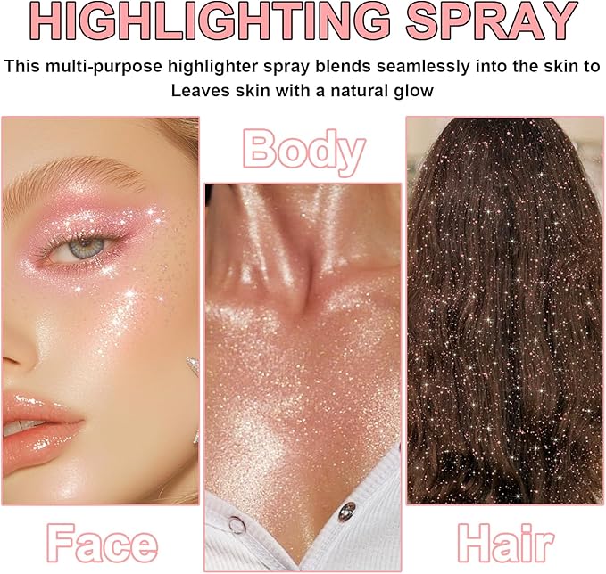 Hair and Body Glitter Spray, Shimmering Powder Sparkle Powder Makeup, Glitter Loose Sparkle Makeup for Body Highlighter,Festival Prom Rave Accessories (Pink)