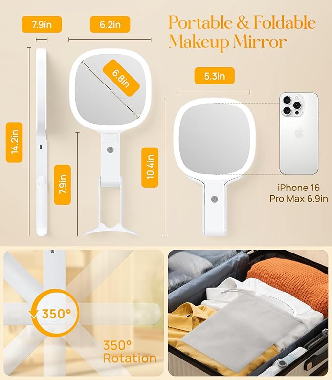 Gospire 6.8" Travel Vanity Mirror, 3-in-1 Hanging/Handheld/Desktop Use with Dual-Side Buttons, 1X/10X Magnification, 3-Color Dimmable LED, Auto Memory + Velvet Pouch (White)