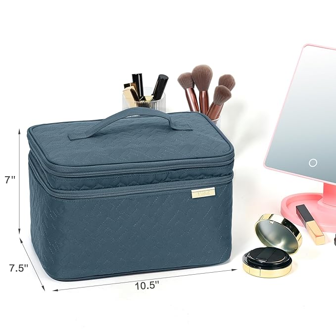 NISHEL Large Double Layer Travel Makeup Bag Women, Cosmetic Case, Organizer for Travel-Size Accessories Bottles, Brushes, Conditioner, and Skin Care Products, Lake Blue