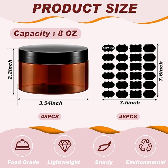 Uiifan 48 Pcs 8 oz Plastic Jars with Lids &labels, Empty Refillable Cosmetic Leak Proof Containers for Cream Body Butters Powder Ointment Lip Scrub(Amber)