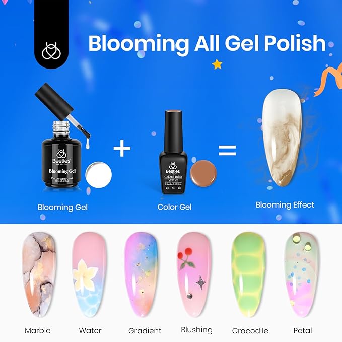 Beetles Blooming Gel & Base Top Coat Set, 3PCS 15ML Shine Finish Long Lasting No Wipe Top Coat Gel Nail Polish Base Spreading Marble Effect Soak off UV LED Nail Art Gifts for Women