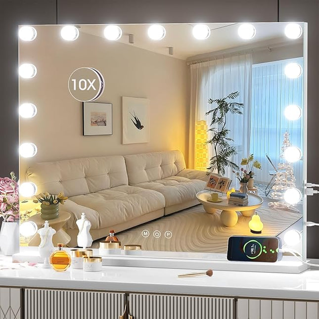 Hasipu 24" x20” Hollywood Vanity Mirror with Lights - Makeup Mirror with 17 Dimmable LED Bulbs, 10X Magnification, Touch Control, USB & Type-C Charging Port (Square White)
