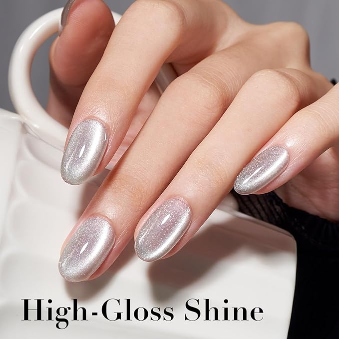 AZUREBEAUTY Cat Eye Nail Polish Fast Drying Silvery Glitter Nail Polish Moonlight Natural Glassy Shine Salon Quality for Women Girl Gifts