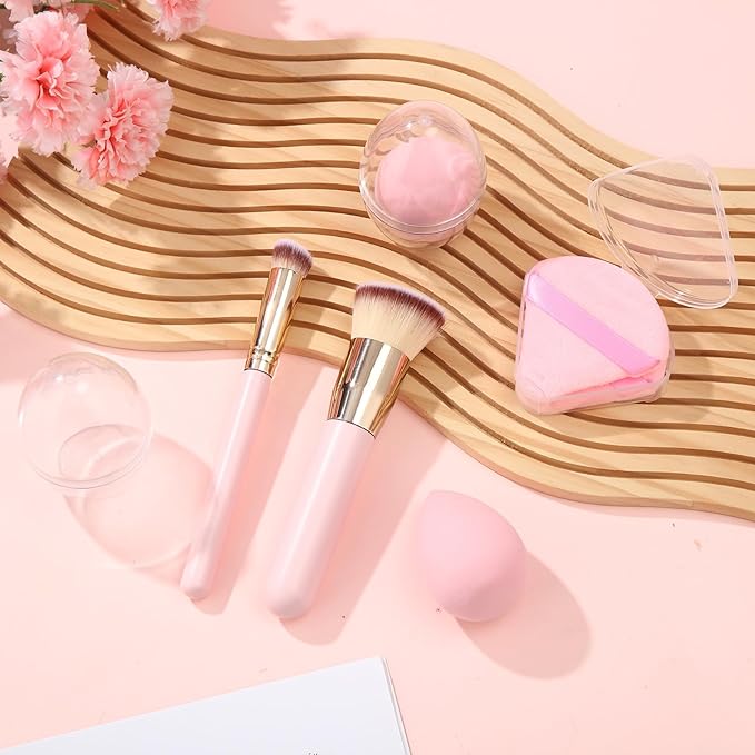 6Pcs Foundation Brush for Liquid Makeup,Liquid Foundation Brush with Makeup Sponge and Powder Puff for Foundation, Powder, Blush,Concealer(Pink)