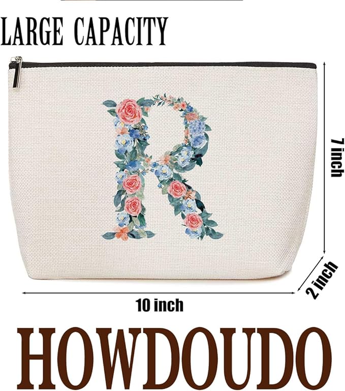 Initial Makeup Bag Monogrammed Travel Toiletry Bag Monogram Cosmetic Bag Birthday Christmas Bridal Shower Bridesmaid Gifts Personalized Gifts for Women Bride Teacher Sister Wife, Floral Letter R