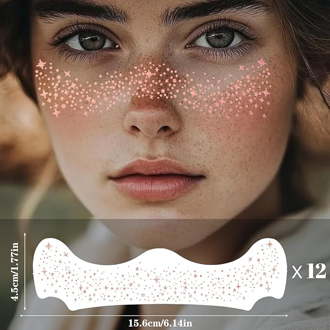 Glitter Freckles, Holographic Face and Body Glitter Tattoo Sparkle for Women Gold Glow Cosmetic Star Makeup Accessories for Festival Rave (12pcs Rosegold)