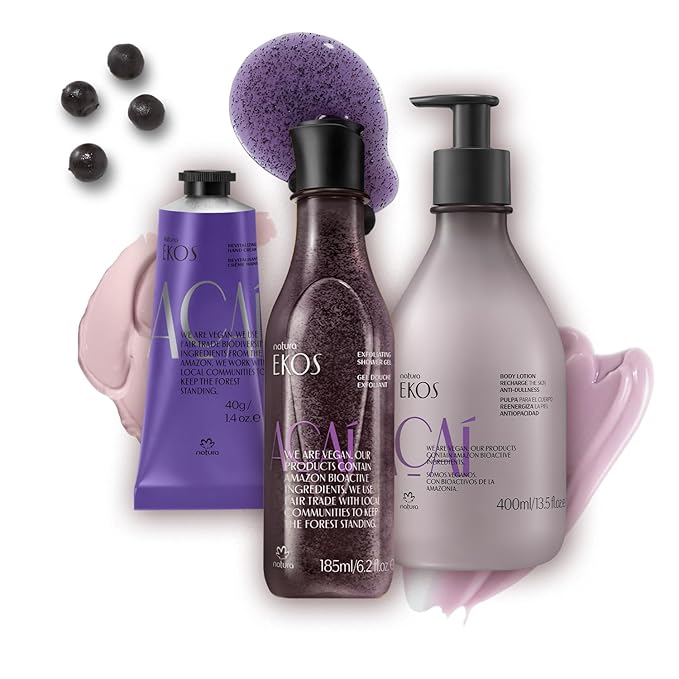 Natura - Ekos Açaí Revitalizing Bundle - Hand cream & Exfoliating Shower Gel & Body Lotion - Vegan Skin Care - Brazilian Beauty Secrets - Self Care & Body Care