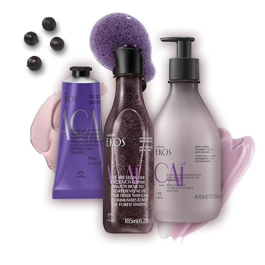 Natura - Ekos Açaí Revitalizing Bundle - Hand cream & Exfoliating Shower Gel & Body Lotion - Vegan Skin Care - Brazilian Beauty Secrets - Self Care & Body Care