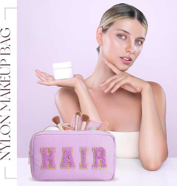 Cunno 4 Pcs Preppy Makeup Bags Chenille Letter Stuff Bag Nylon Cosmetic Pouch Cases with Zipper for Women Travel Toiletry