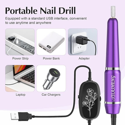 JIASHENG USB Electric Nail Drill, Portable Electric Nail File for Acrylic Gel Nails,Nail Drill Kit Manicure and Pedicure Kit with Nail Bits for Home and Salon Use,Dark Purple
