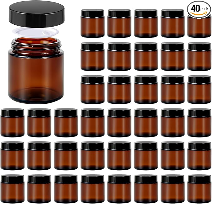 4 oz Glass Jars with Lids, Hoa Kinh 40 Pack Amber Small Glass Jars with Black Lids Empty Cosmetic Containers Airtight Round Glass Jar for Lotions, Powders and Ointments