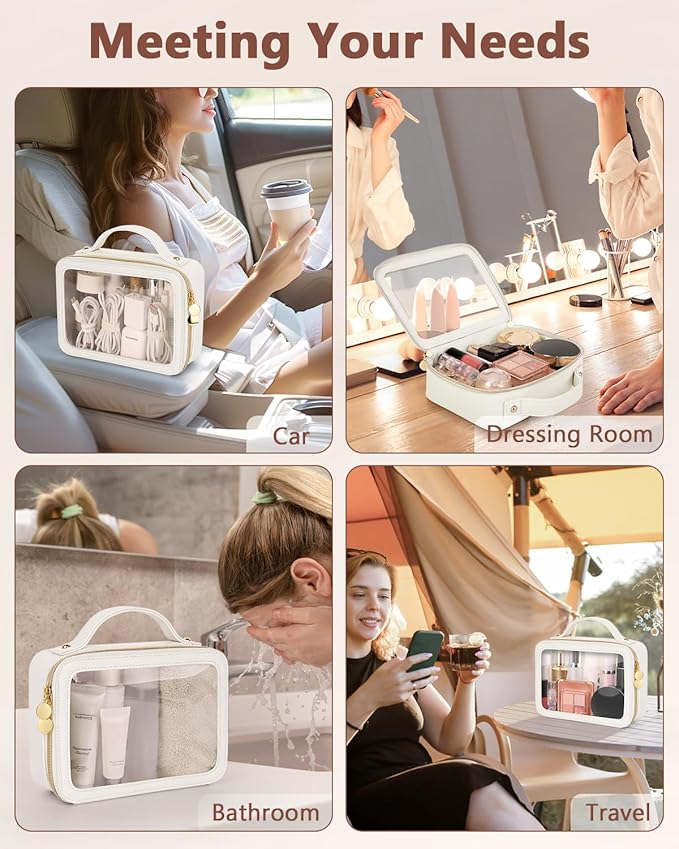 Clear Makeup Bag, Portable Travel Cosmetic Bags, Multipurpose Leather Toiletry Bag with Zipper, Waterproof Transparent Cosmetic Organizer for Women, Medium, Beige