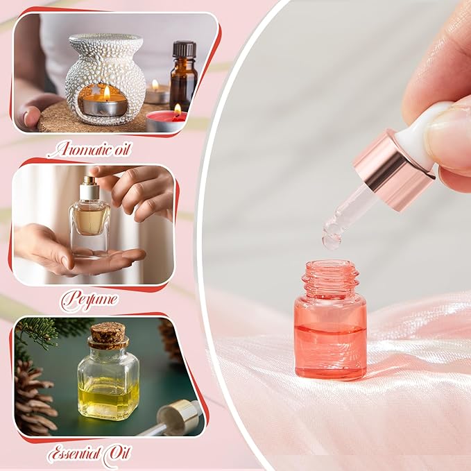 100 Pcs Mini Glass Oil Dropper Bottle Bulk, Clear Essential Small Empty Bottles Sample Containers Perfume Liquid Vials with Cap for Traveling (2 ml,Pink Body)