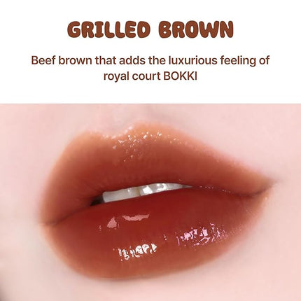 BLACK ROUGE Glow Bokki Tint, GB10 Grilled Brown – Korean Lip Tint Inspired by Tteokbokki, Non-Sticky Long-Lasting Lip Stain with Glossy Finish, Cute Stickers – Original Red, Rose, Soy