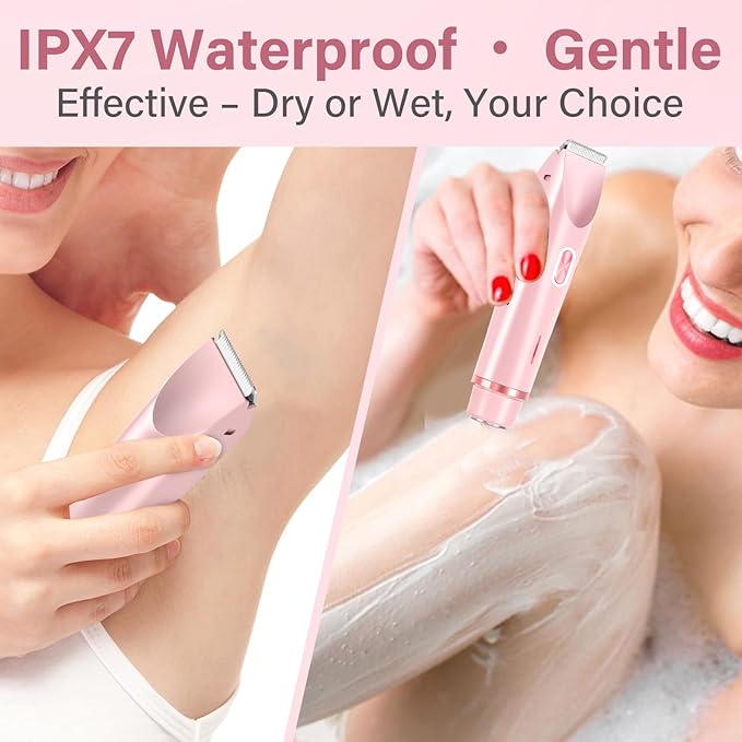 2-in-1 Women's Electric Razor & Bikini Trimmer - Painless Smooth Shave & Gentle Pubic Hair Removal - Dual Ceramic Blades, IPX7 Shower-Proof - Cordless for Sensitive Skin
