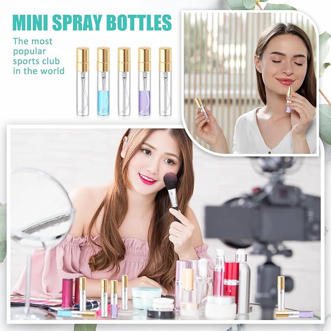 Zhehao 100 Pcs Mini Spray Bottles 5 ml Clear Glass Perfume Bottles Refillable Fine Mist Perfume Atomizer Portable Empty Sample Containers for Cleaning, Essential Oils, Travel (Gold Cap)