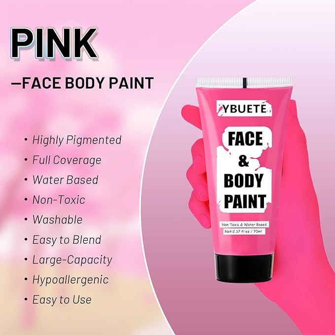 Pink Water Based Face Body Paint, 2.37 OZ Large Tube Full Coverage Face Paint for Skull Clown Cosplay, Washable Pink Body Painting Cream for Adult Carnival Party Halloween SFX Makeup