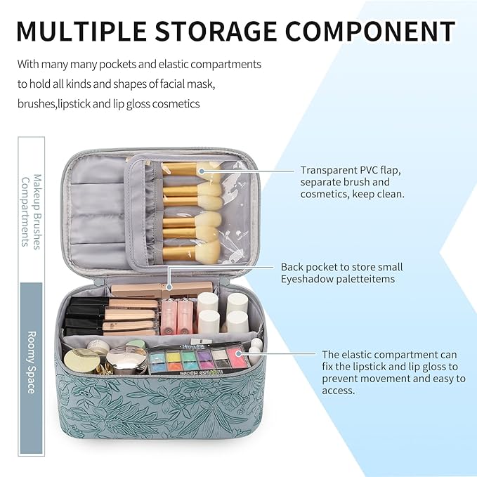 OCHEAL Makeup Bag,Travel Makeup Organizer Bag, Large Capacity Cosmetic Bags for Women Large Travel Toiletry Bag for Girls Traveling With Brush Slot And Divider-Blue Floral