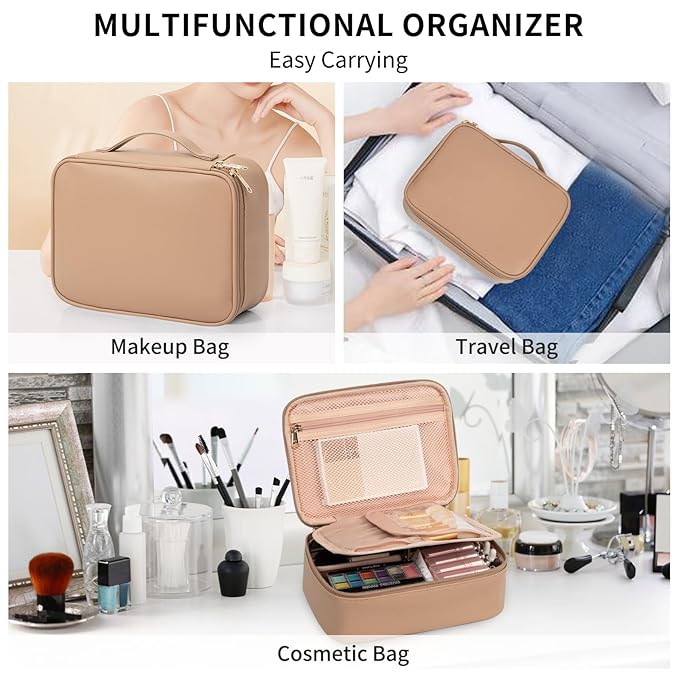 OCHEAL Makeup Bag, Cute Makeup Organizer Bag Potable Make up Bag for Toiletry Cosmetics Accessories with Divider and Brushes Compartments, Makeup Travel Case - Beige Apricot