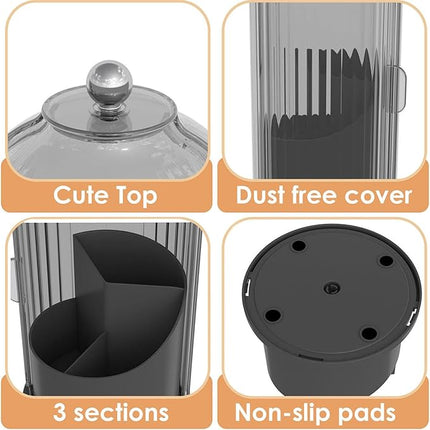 Makeup Brush Holder with Lid 360 Rotating Clear Dustproof Make Up Organizers for Vanity Bathroom Countertop, Black