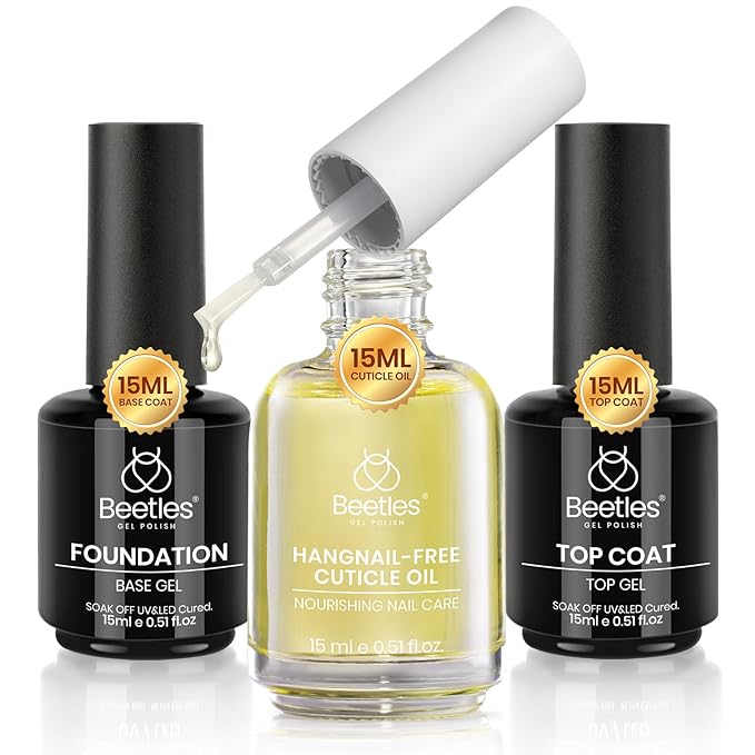 Beetles Gel Top Coat Base Coat Cuticle Oil Set, 3Pcs 15ml No Wipe Top Coat Gel Nail Polish Glossy Shine Long Lasting Cuticle Protectors Kit Oil Care for Dry Damaged Cuticles Gift for Women