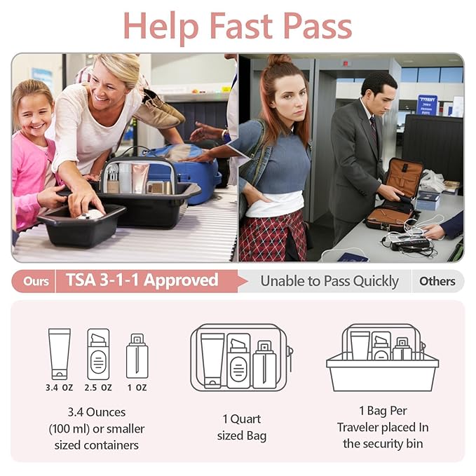 PACKISM TSA Approved Toiletry Bag - 180° Large Opening Clear Makeup Bags with Handle, Easily Access, Floral Texture Lace Clear Toiletry Bags for Traveling, Thick 0.5 mm No Smell, Black