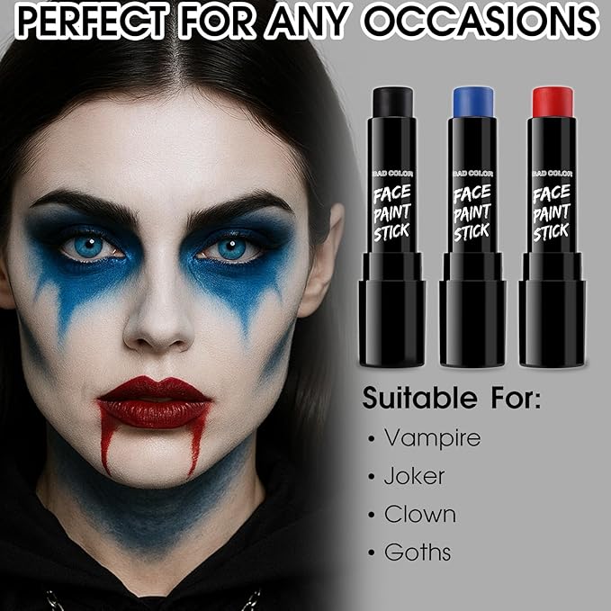 BAD COLOR 3PCS Red Black Royal Blue Face Body Paint Stick Makeup for Skull Vampire Clown Joker SFX Cosplay & Dress Up, Full-Coverage Halloween Facepaint Makeup Kit