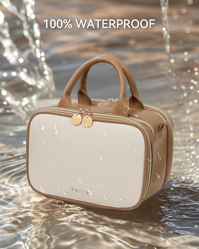 Prite Makeup Bag for Women, Large Capacity Waterproof Travel Cosmetic Organizer, Portable Open Flat Toiletry Bag with Free-standing Brush Holder and Handle(Beige Brown Medium)