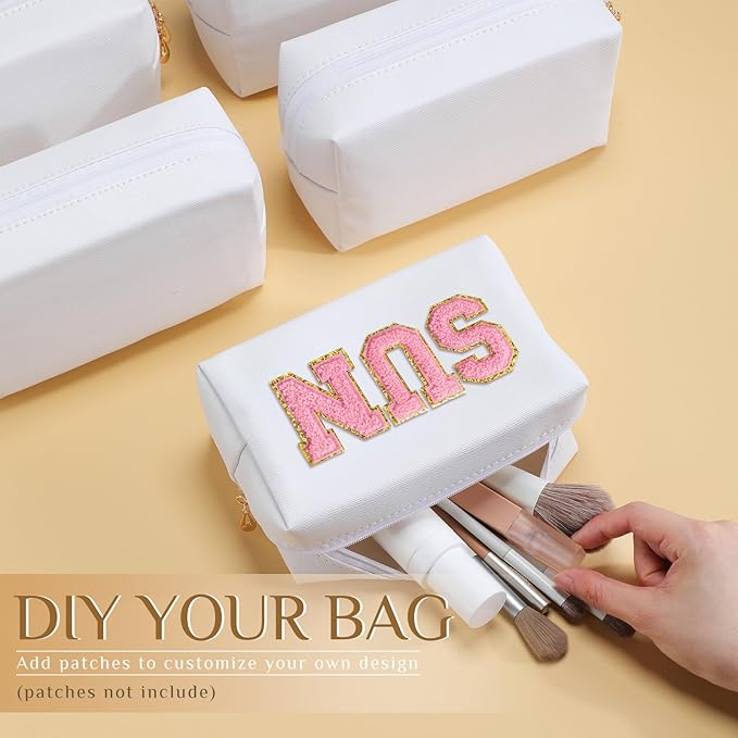 Cunno 50 Pcs Makeup Bag Bulk PU Leather DIY Cosmetic Plain Preppy Makeup Pouch Portable Waterproof Toiletry Bags for Women Travel Pencil Case Cosmetic Organizer (White)