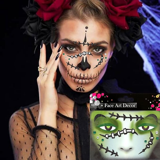 4 Pcs Halloween Face Gems Jewels, Day of the Dead Rhinestone Face Jewels Terrible Spider and Scar,Glitter Face Stickers for Women Halloween Rave Party Cosplay