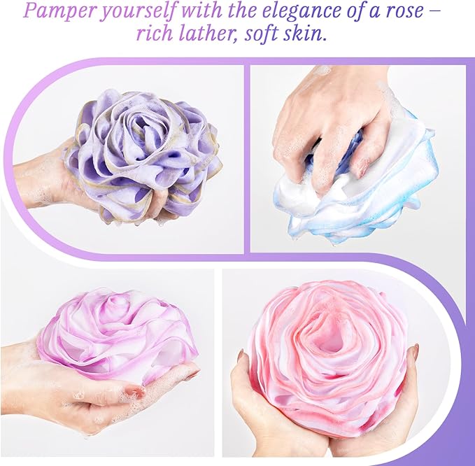 Bath Loofah, Shower Sponge, Body Scrubber, Rose-Shaped, Elegant (Set of 4 Pieces)