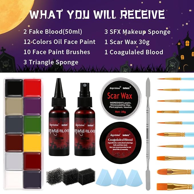 Depvision SFX Makeup Kit Halloween Makeup Set Professional Face Body Paint Special Effects Makeup Set with Fake Blood Scar Wax Oil Body Paint Sponges Brushes for Halloween Party SFX Cosplay