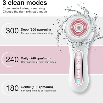 Electric Facial Cleansing Brush, 2-Way Rotating Face Scrubber for Daily & Deep Cleaning, 3 Modes, 5 Brush Heads, Rechargeable, IPX7 Waterproof for All Skin Types