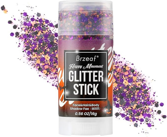 Brzeaf Orange Purple and Black Body Glitter Stick, Shimmery& Long Lasting, Halloween Hair Eyeshadow Face Body Glitter, Singer Concert Music Rave Festival, Glitter Stick Makeup & Face Glitter Gel