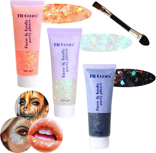 Body Glitter Face Glitter Gel: Singer Concerts Disco Festival Rave Accessories Face Glitter Makeup 150ml Chunky Sequins Mermaid Face Body Hair Glitter Gel (Orange&White&Black)