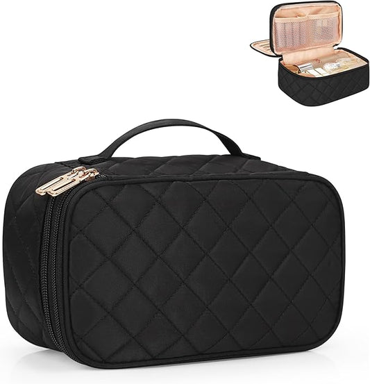 Relavel Makeup Bag, Small Makeup Bag for Women, Travel Cosmetic Bag, 2 Layers Waterproof Makeup Organizer Storage with Makeup Brush Holder, Black