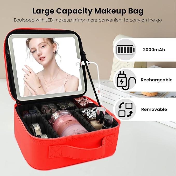 Travel Makeup Bag with LED Mirror and Light Travel Makeup Case Cosmetic Organizer Portable Cosmetic Brush Organizer Bag with Adjustable Dividers for Cosmetics Makeup Brushes Toiletry (Red)