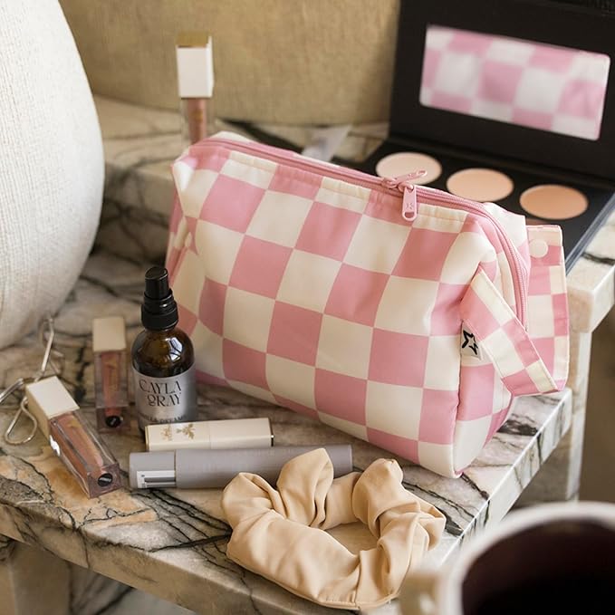 Tiny Twinkle Portable Waterproof Makeup Bag | Travel-Friendly Cosmetic Organizer with Convenient Carry Handle | Spacious Interior, and Secure Zipper Closure (Pink Checkers)