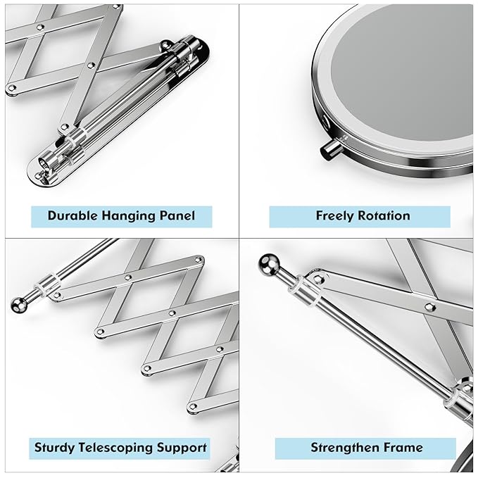 Rechargeable Wall Mounted Makeup Mirror - 8 Inch Double Sided 1X/10X Magnifying Mirror with 3 Color Lights Dimmable Touch Screen, 360°Swivel 19.6 Inch Extendable Accordion Bathroom Mirror - Chrome