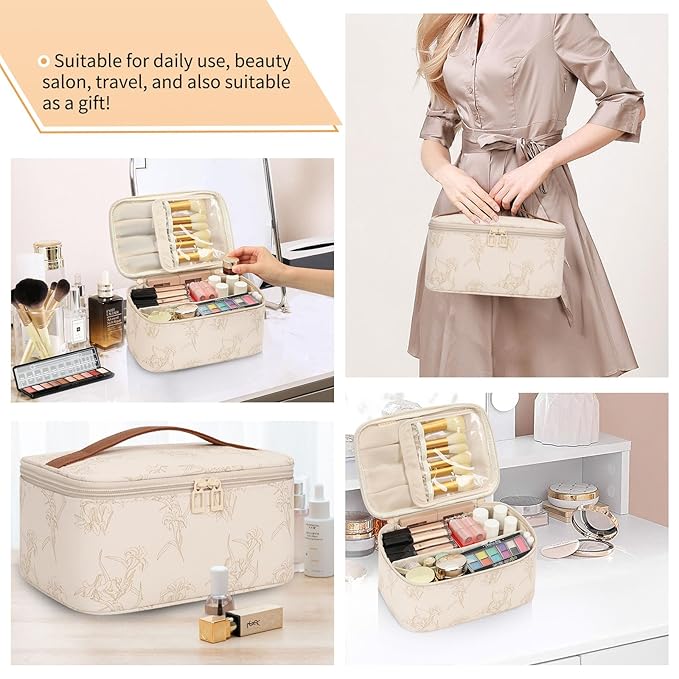 OCHEAL Makeup Bag for Women - Travel Cosmetic Organizer with Brush Slot & Divider, Large Capacity Toiletry Bag for Girls, Travel Makeup Case for everyday Make up Accessories -Beige floral