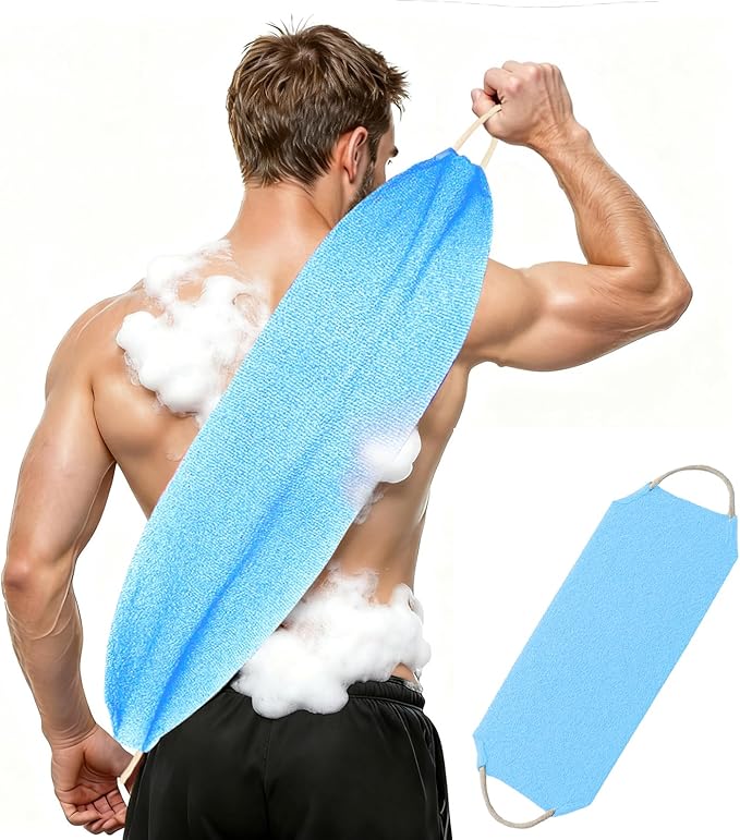 Inmorven Exfoliating Back Scrubber with Handles, Nylon Back Exfoliator, Two Sides Stretchable Pull Strap Shower Deep Cleans Skin Massages Invigorating Blood Circulation for Women Men Body (Bule)