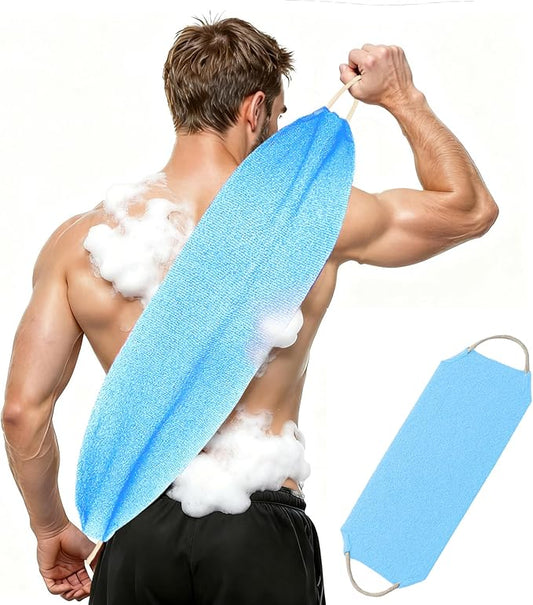 Inmorven Exfoliating Back Scrubber with Handles, Nylon Back Exfoliator, Two Sides Stretchable Pull Strap Shower Deep Cleans Skin Massages Invigorating Blood Circulation for Women Men Body (Bule)