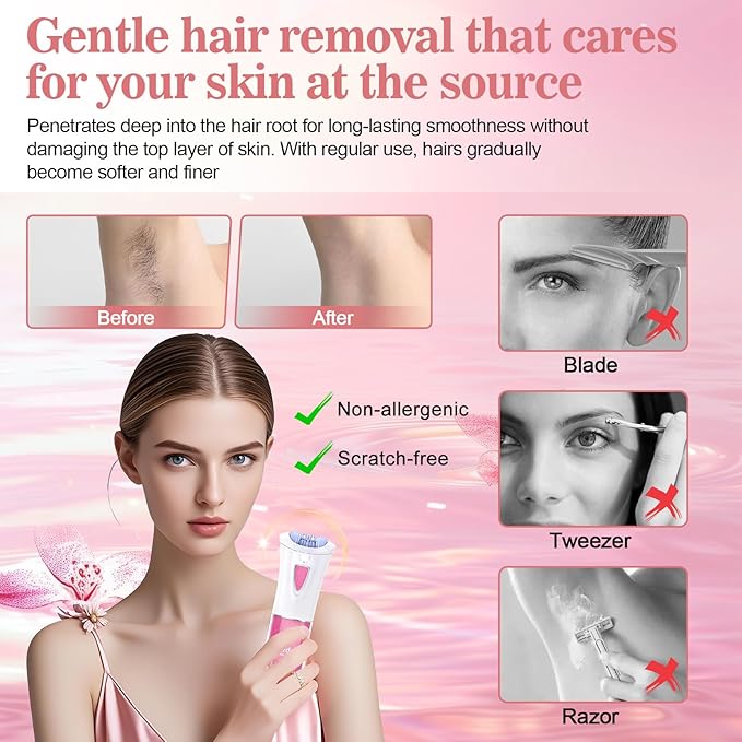 Glabrouse Skin Epilator, 2025 New Glabrouse Skin Hair Remover for Face with LED Light - Glamorous Skin Epilator for Women, Face/Arm/Bikini Area/Legs/Underarm Hair Removal
