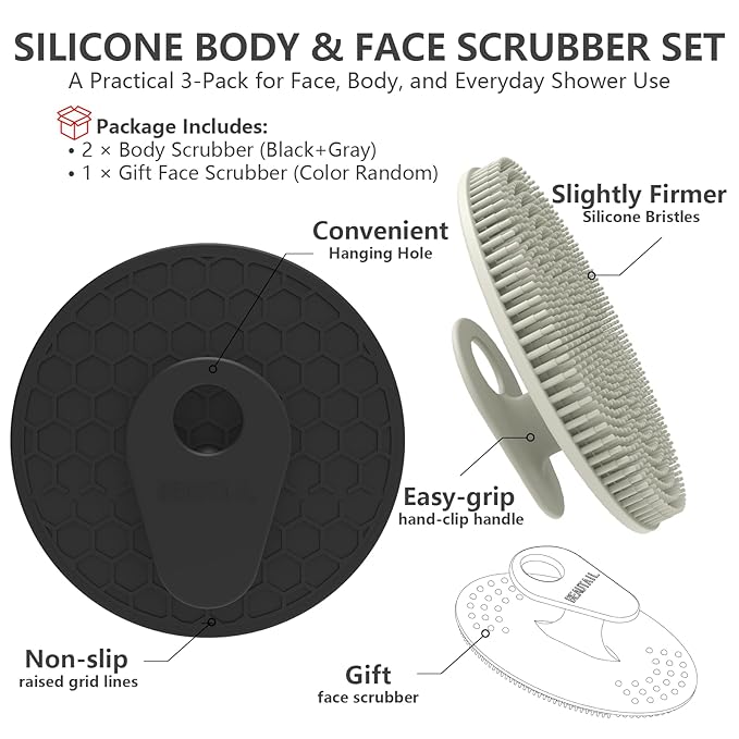 Silicone Body and Face Scrubber Set 3 Pack, BEAUTAIL Shower Bath Scrubber, Gentle Exfoliating Brush for Women Men Baby Sensitive Skin, More Hygienic Than Traditional Loofah, Long Lasting, Black+Gray