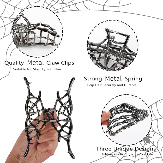 3PCS Black Spider Hair Claw Clips for Women Mental Gothic Claw Clips for Styling Strong Hold Hair Accessories for Halloween Party Gifts